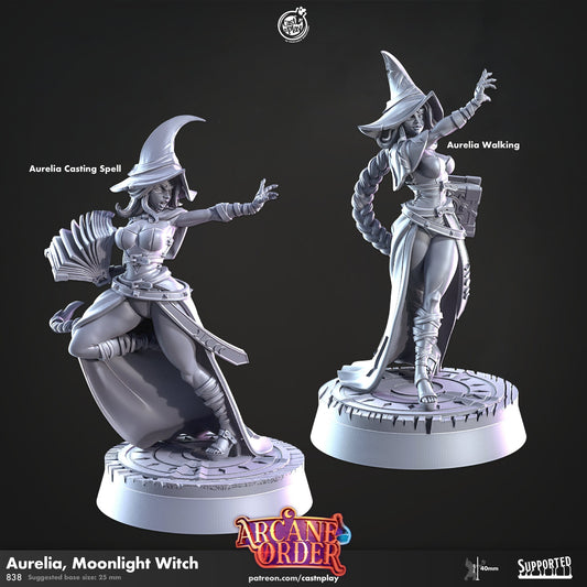 Aurelia Moonlight Witch Miniature - 28mm D&D Pathfinder RPG Resin Figure - Arcane Order Series - Tabletop Gaming Collectible